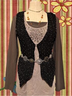 Vintage Black Silk Beaded V-Neck Women's Vest Whimsy